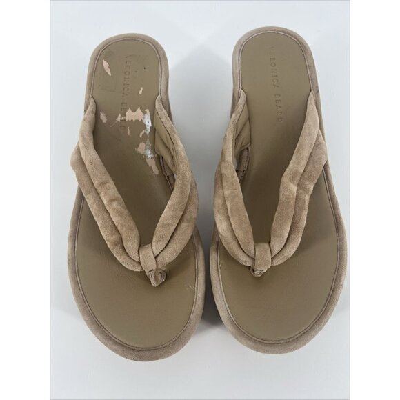 Veronica Beard Womens Size 8.5 Geno Cork Wedge Slide Sandals Tan Suede Thong - Picture 4 of 12